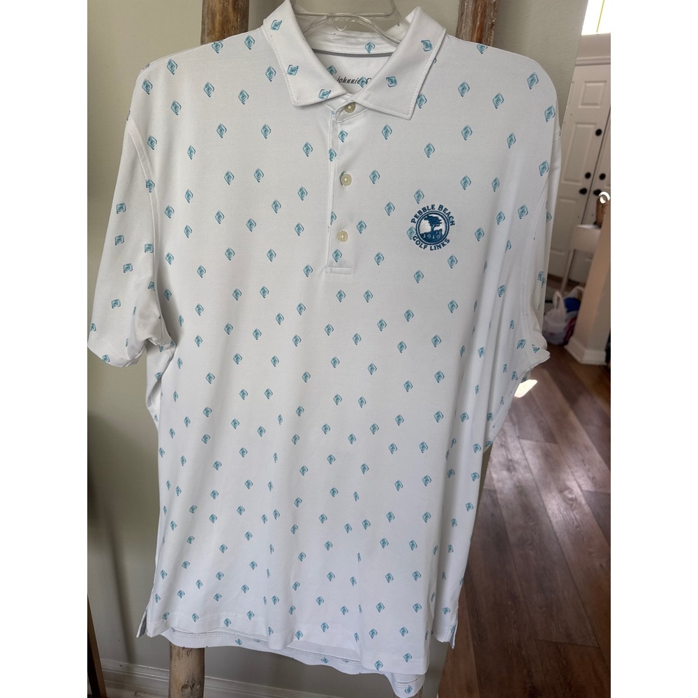 Johnnie O Shirt Mens White Blue Rhombus Droptail Performance Polo Pebble Beach L - Picture 7 of 7